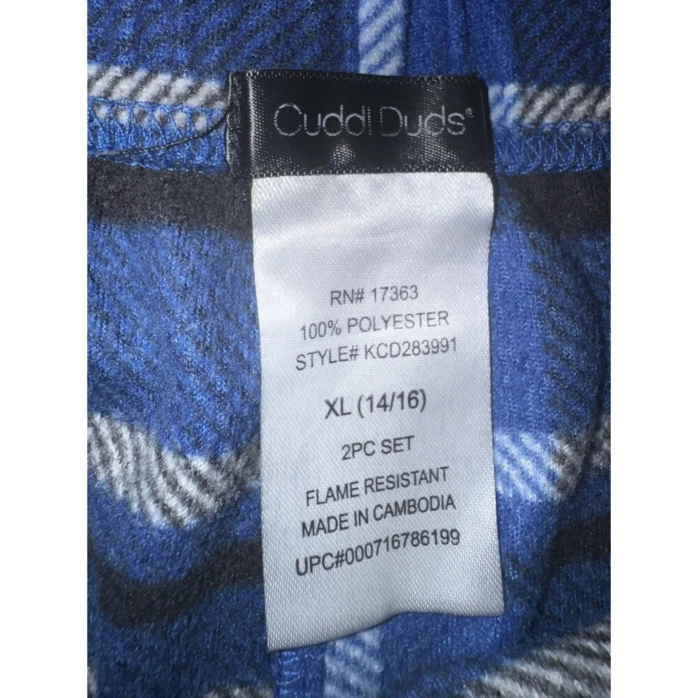 Cuddl Duds Boys Pajama Pants 2-Piece Plaid Blue Gray XL 14/16 Polyester Cozy
